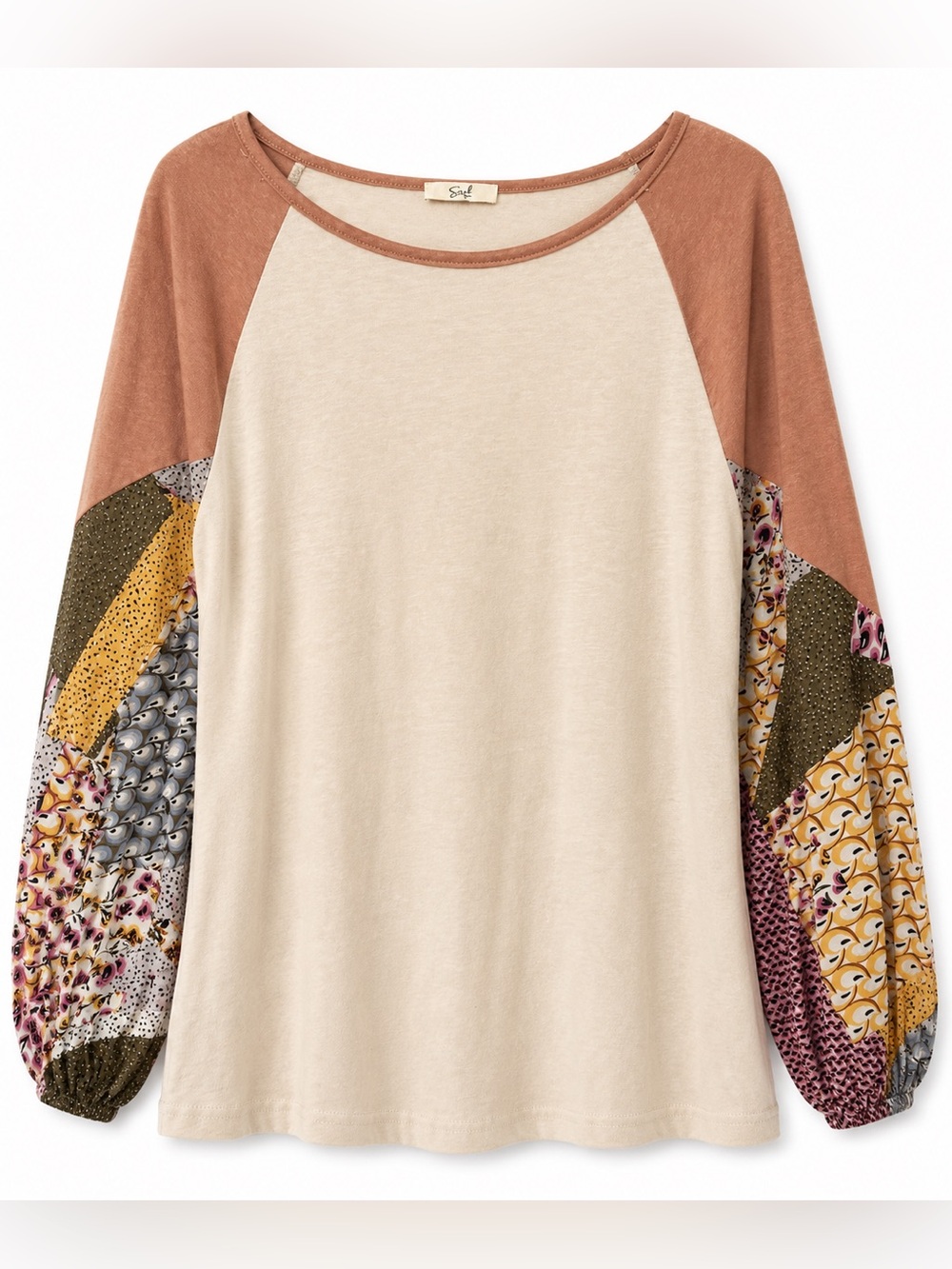 Easel Cotton Blend Boho Raglan Patchwork Sleeve Top- S